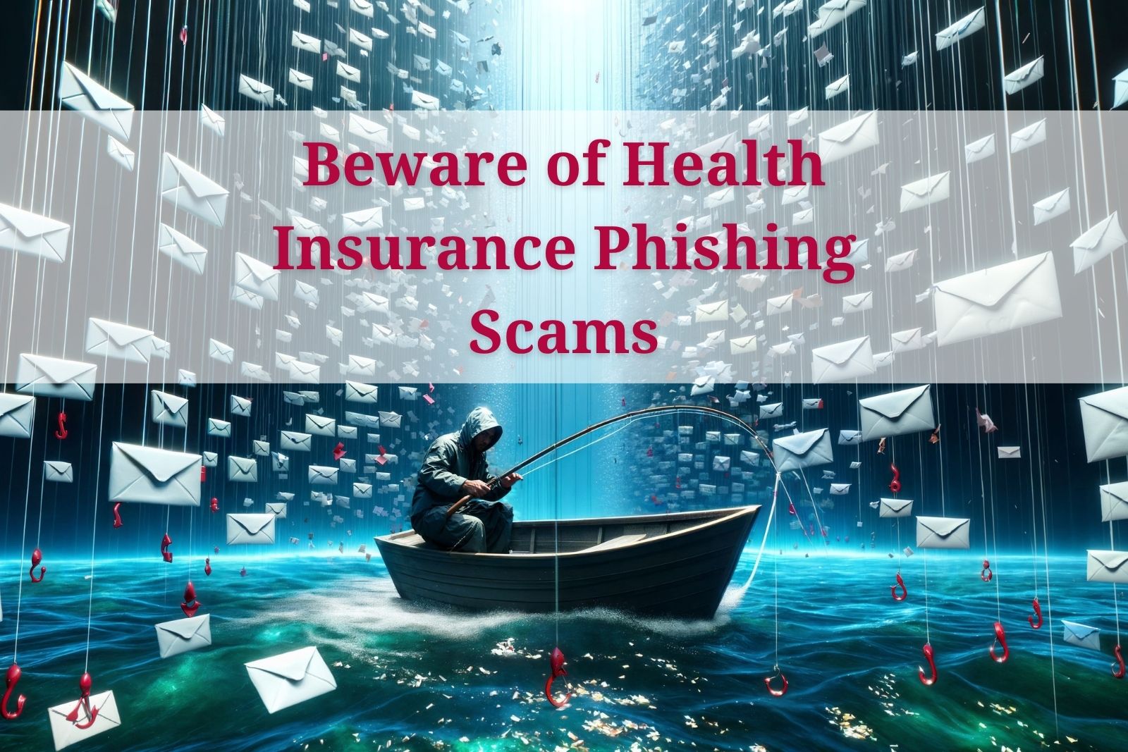 Beware of Health Insurance Phishing Scams - scammer in a boat phishing emails on hooks