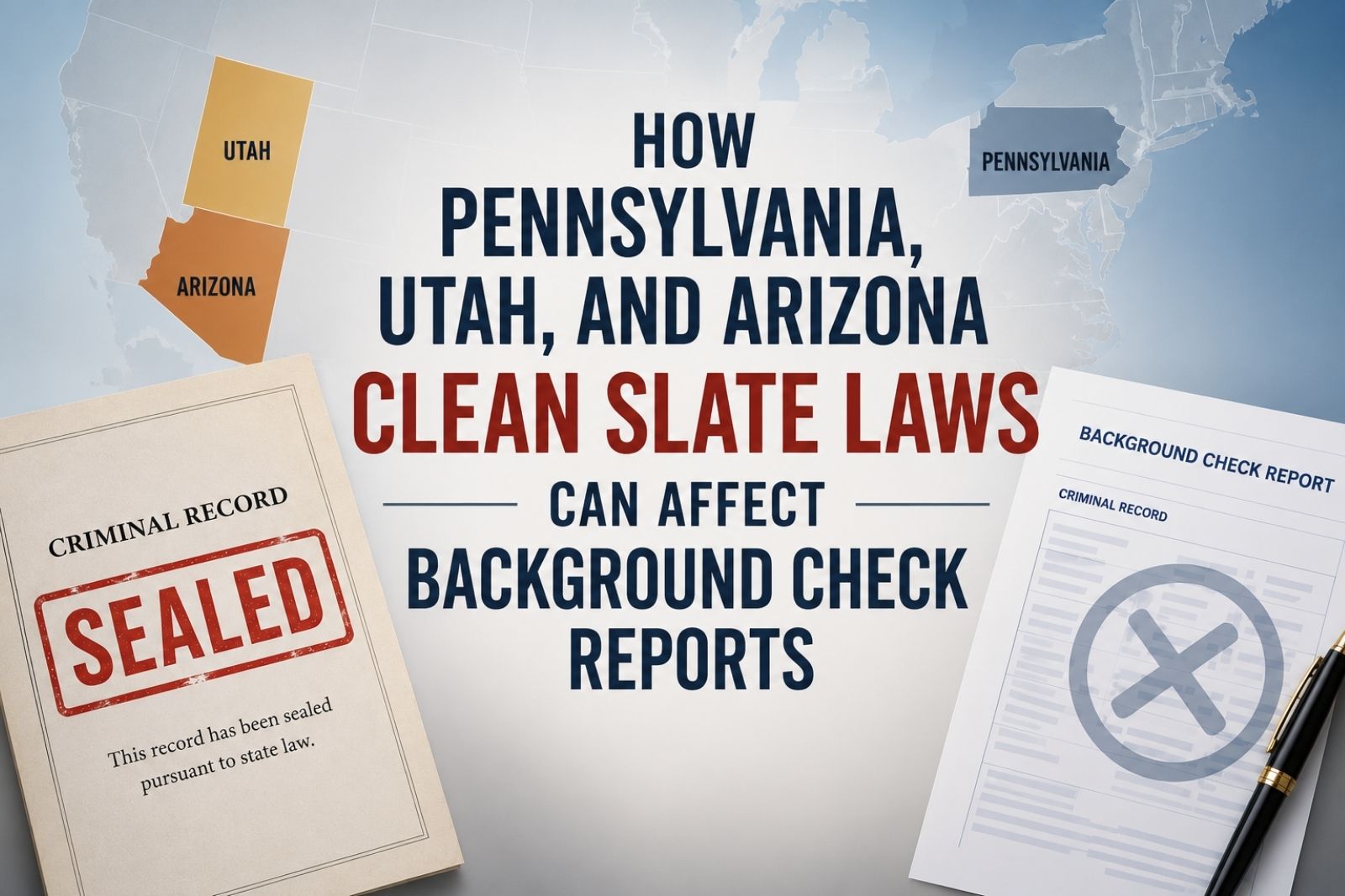 Sealed criminal record and background check documents representing Clean Slate laws in Pennsylvania, Utah, and Arizona